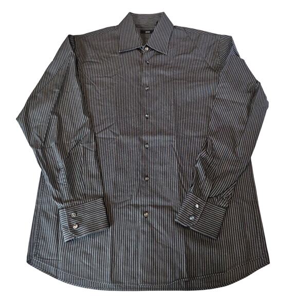 Hugo Boss Striped Black Gray Button Long Sleeve Shirt Men's Size 17 34/35 3573 - Picture 1 of 9